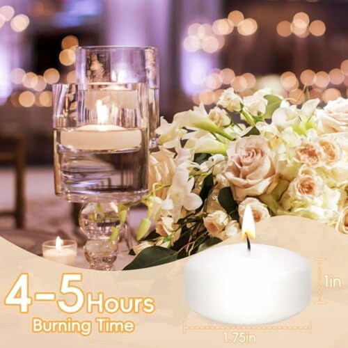 Pacote com 48 velas flutuantes brancas de 4,4 cm (1,75 polegadas), sem perfume, para centros de mesa, com duração de 4 a 5 horas. Ideal para 2