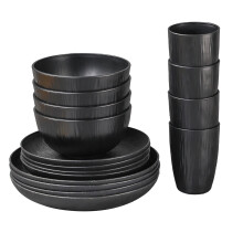 16-Piece Black Plastic Dinnerware Set – Microwave-Safe