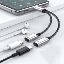 Divisor USB-C para carregamento e dados, compatível com iPhone 15, Galaxy S21, Pixel 4, OnePlus — Carregamento rápido de 60 W, som Hi-Fi, prateado