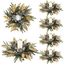 6pcs Christmas Candle Rings – Artificial Pine Wreaths with Balls, Golden Twigs & Silver Berries, Table Centerpiece Decor