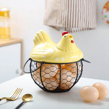 Cesta pequeña de hierro amarillo para huevos de Pascua con tapa de cerámica, soporte de encimera de estilo rústico, decoración de cocina
