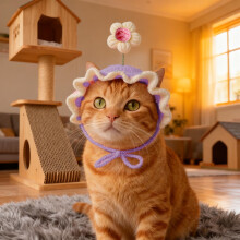 Gehaakte kattenmuts met 3D-bloem – Paars, One Size