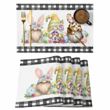 Set van 4 placemats met paasthema, lentekabouter-eieren, bloemenprint, zwart geruit, antislip, wasbaar, geschikt voor binnen en buiten.