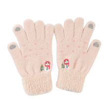 Damehandsker med snemandsbroderi og plys på fuld finger for varme, pink