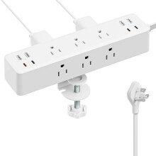 Flat Plug Desk Clamp Power Strip, 10FT, 9 AC Outlets + 8 USB Ports, 24W, Surge Protector, Fits 1.7" Edge, White, Compatible with Office Desks