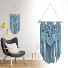 Tapisserie murale en macramé de 60 cm (23,6 po) – Style bohème chic – Tissé avec feuilles et pompons, compatible avec un salon moderne, une