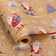 Rouleau de papier cadeau kraft de Noël – Père Noël patineur, flocons de neige et sapins – 43 cm x 10 m