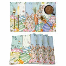 Set van 4 placemats met paashaasmotief, lentebloemen, eieren en wortels, antislip en wasbare placemats voor binnen en buiten.