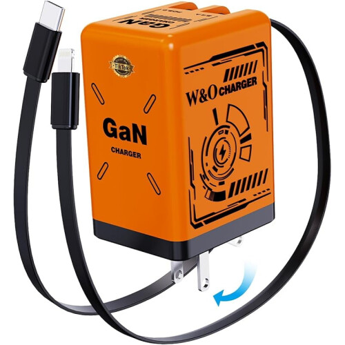 Φορτιστής GaN W&O45W με αναδιπλούμενο βύσμα και ενσωματωμένα καλώδια Lightning/USB-C,