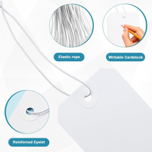 250 Pack White Shipping Tags with Elastic String Blank Labeling Tags with Strings Attached, 4 3/4" x 2 3/8" 2