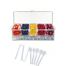 Plateau de service transparent à 5 compartiments, idéal pour servir des fruits et des garnitures.