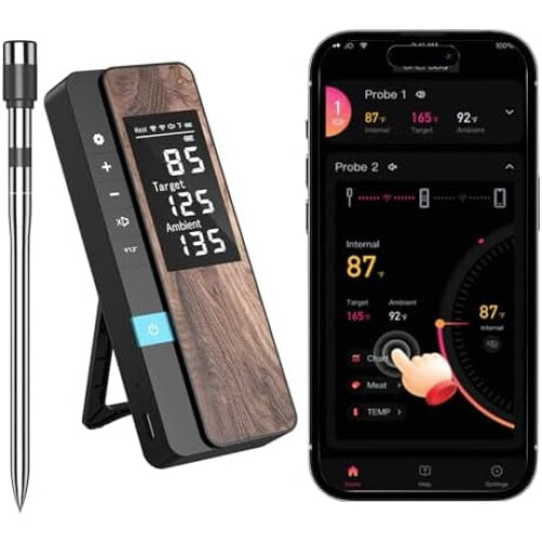 Termômetro de carne sem fio com visor LCD e aplicativo.