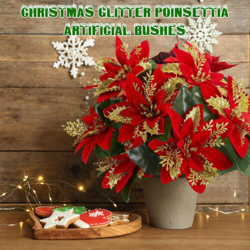 Künstlicher Weihnachtssternstrauß mit Glitzer, Rot/Gold/Silber 1