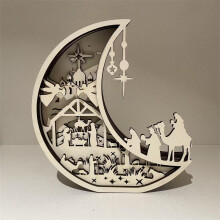 Houten paaskerststalornament, 24 cm holgesneden silhouet van Jezus in de kribbe en de Wijzen, rustieke christelijke woondecoratie – past bij een