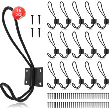 Lot de 16 crochets d'entrée rustiques, patères murales de style ferme avec vis, organisateur suspendu vintage noir – Compatible avec les murs