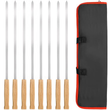 8 Pcs Stainless Steel Flat Kabob Skewers, 17.4" with Wooden Handle & Canvas Bag – Reusable BBQ Skewers for Grilling, Camping, Home Use