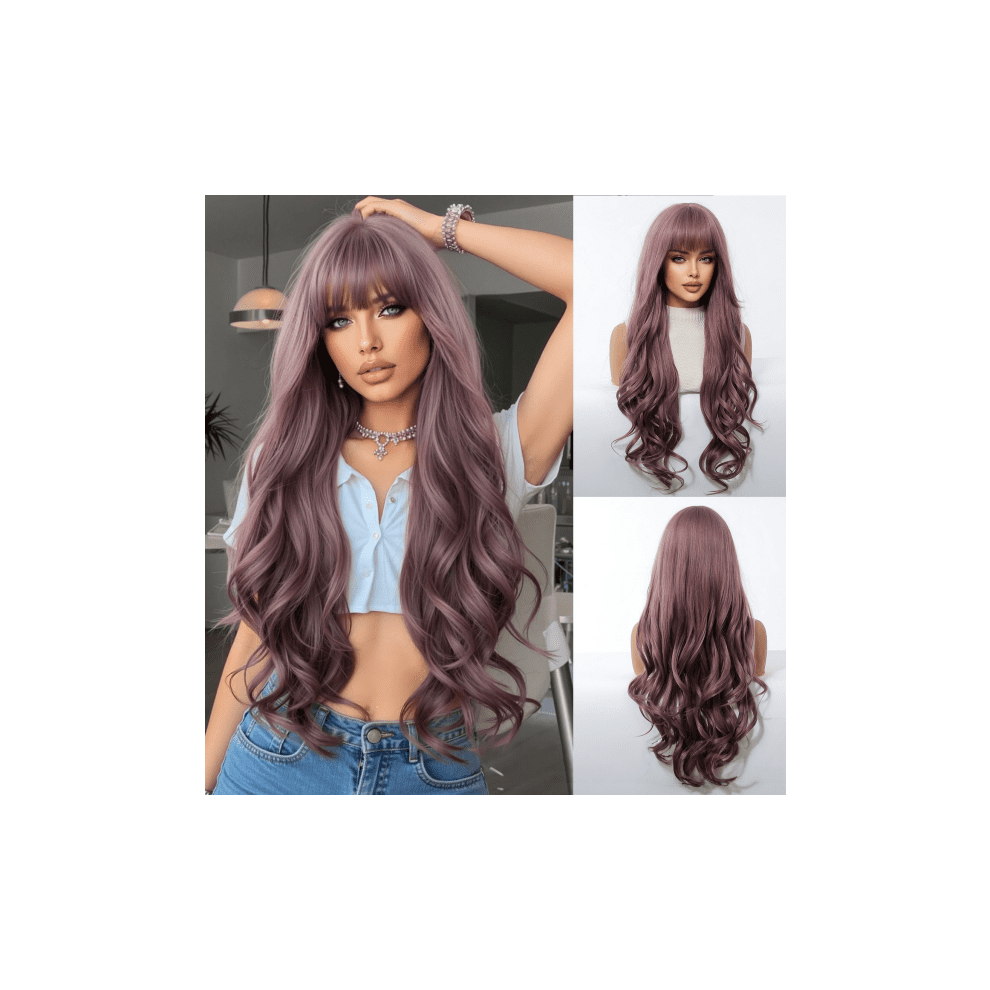 Unisex Purple 28" Light Curly Bangs Wig Â Natural Fluffy Wavy, Soft High-Temp Silk, Cosplay Ready, 1Pc