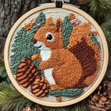 Brown Squirrel & Pine Cone Punch Needle Kit for Beginners – DIY Embroidery Set with Printed Pattern, Hoop (20x20cm), Compatible with Standard Punch