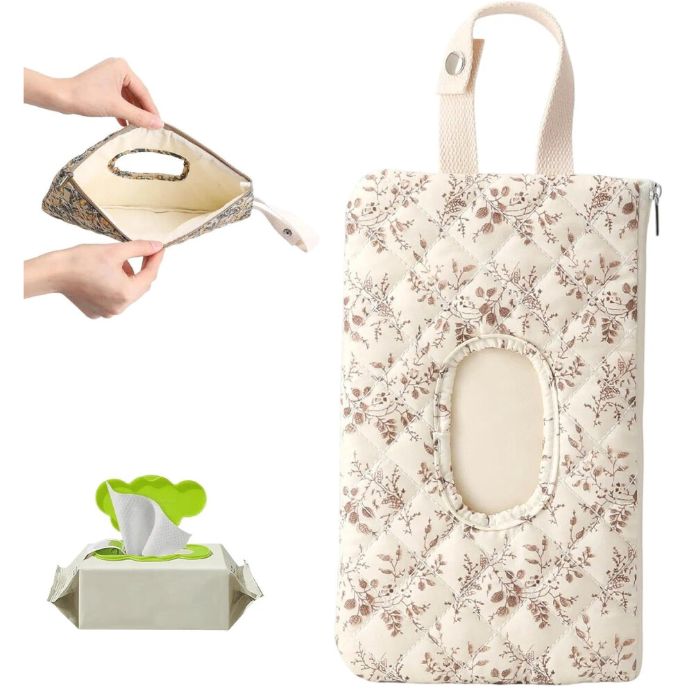 Wipe Holder Floral Quilted, Portable Refillable Floral Reusable Wipes Pouch with Lanyard for Diaper Bag Organizer and Casual Travel (B)