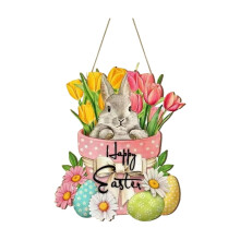 Décorations de Pâques pour porte, panneau de bienvenue en bois avec lapin, couronne de printemps et décoration d'œufs – Convient pour une