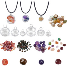 12pcs Stone Holder Necklace Set: Spiral Bead Cages, Iron Pendants, Black Waxed Cords & Natural Agate Beads – DIY Jewelry Making