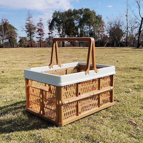Collapsible Storage Crates with Handle, Stackable Plastic Baskets Compatible with Camping, Picnic & BBQ