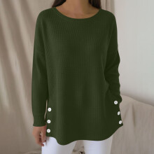 Blusa feminina de malha de manga comprida com gola redonda, cor sólida, botões e fendas laterais. Design macio e respirável, ideal para uso casual