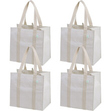 4 Heavy-Duty Grocery Bags with Handles, Hard Bottom, Foldable & Sustainable – Beige (Compatible with Standard Carts)