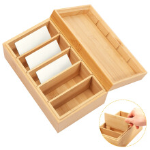 Wood Index Card Organizer Holder with Lid, 4.29x1.49", 5 Compartments, Rustic Desktop Filing Box for Office & Home