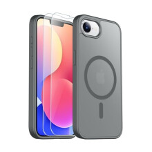 Designat för kompatibelt med iPhone16e-skal, magnetiskt genomskinligt med 2 st skärmskydd i härdat glas, anti-fingeravtryck, reptåligt, grå