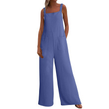 Macacão feminino de verão sem mangas com alças finas e bolsos – Macacão leve e confortável, azul, ideal para o dia a dia.