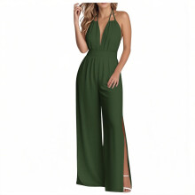 Macacão feminino verde militar, solto, sem mangas e com pernas largas – Roupa casual de verão confortável e leve, compatível com M