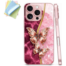 Pevné pouzdro a tvrzené sklo s motivem růžového motýla pro iPhone 14Pro – kompatibilní s iPhonem