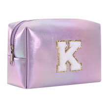 Grote make-uptas met geborduurd alfabet, reistas, opbergtas, clutch, handtas, cosmetische tas, paars, 26 letters