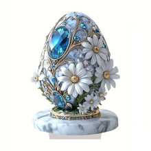 Paasei met blauwe edelstenen en witte bloemen, acryl bureaudecoratie – Geschikt voor thuis/kantoor, cadeau voor Pasen, Kerstmis, verjaardag en meer.