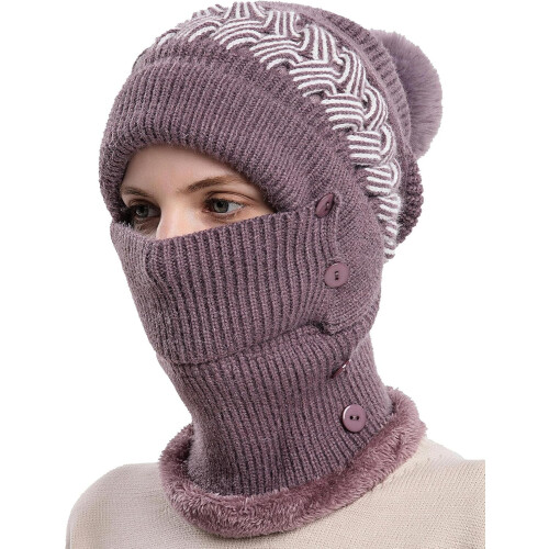 Conjunto de gorro e balaclava feminino de inverno, forrado com lã, com máscara e cachecol com pompom. 1