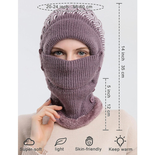 Conjunto de gorro e balaclava feminino de inverno, forrado com lã, com máscara e cachecol com pompom. 2