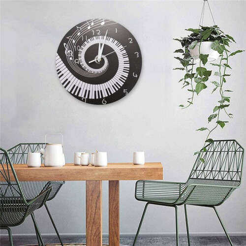 3X Elegant Piano Key Clock Music Notes Wave Round Modern Wall Clock Without Battery Black + White Acrylic 2