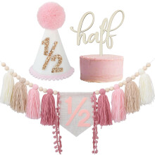 Decoraciones de medio cumpleaños para niña: adorno para pastel de medio año, pancarta para silla en tonos pastel y accesorios para sesión de