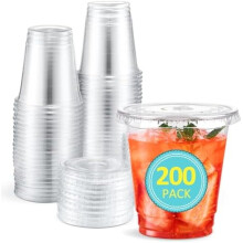200 vasos de plástico transparente de 8 oz con tapa – envases para bebidas frías, batidos y zumos, compatibles con tapas estándar.
