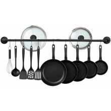 Estante para ollas de pared de 96,5 cm con 10 ganchos en forma de S, color negro.