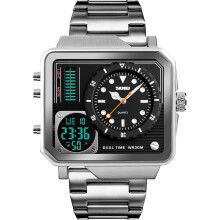 SKMEI Digitale Herren-Sportuhr, quadratische LED-Armbanduhr mit großem Zifferblatt, analogem Quarzwerk, mehreren Zeitzonen, wasserdichter Stoppuhr