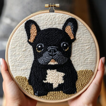 Cartoon Baby Black French Bulldog Punch Needle Kit for Beginners – DIY Embroidery Set with Printed Pattern, Hoop & Yarn (20x20cm), Compatible with