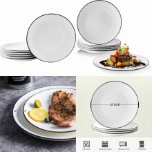 Set di 6 piatti piani in ceramica bianca da 25 cm con bordo nero