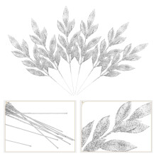 Silver Glitter Artificial Leaf Stems 12 pcs