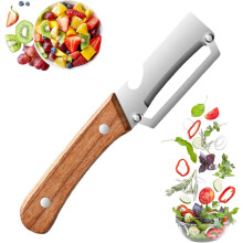 Multifunktionaler Gemüseschäler mit Holzgriff, Flaschenöffner und Edelstahlklinge – geeignet für Apfel, Kartoffel, Kürbis, Papaya,