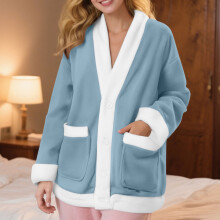 Damen Winterpyjama Loungewear Oberteil Cardigan Flanell Verdickter Loungewear Pyjama Langarmpyjama L