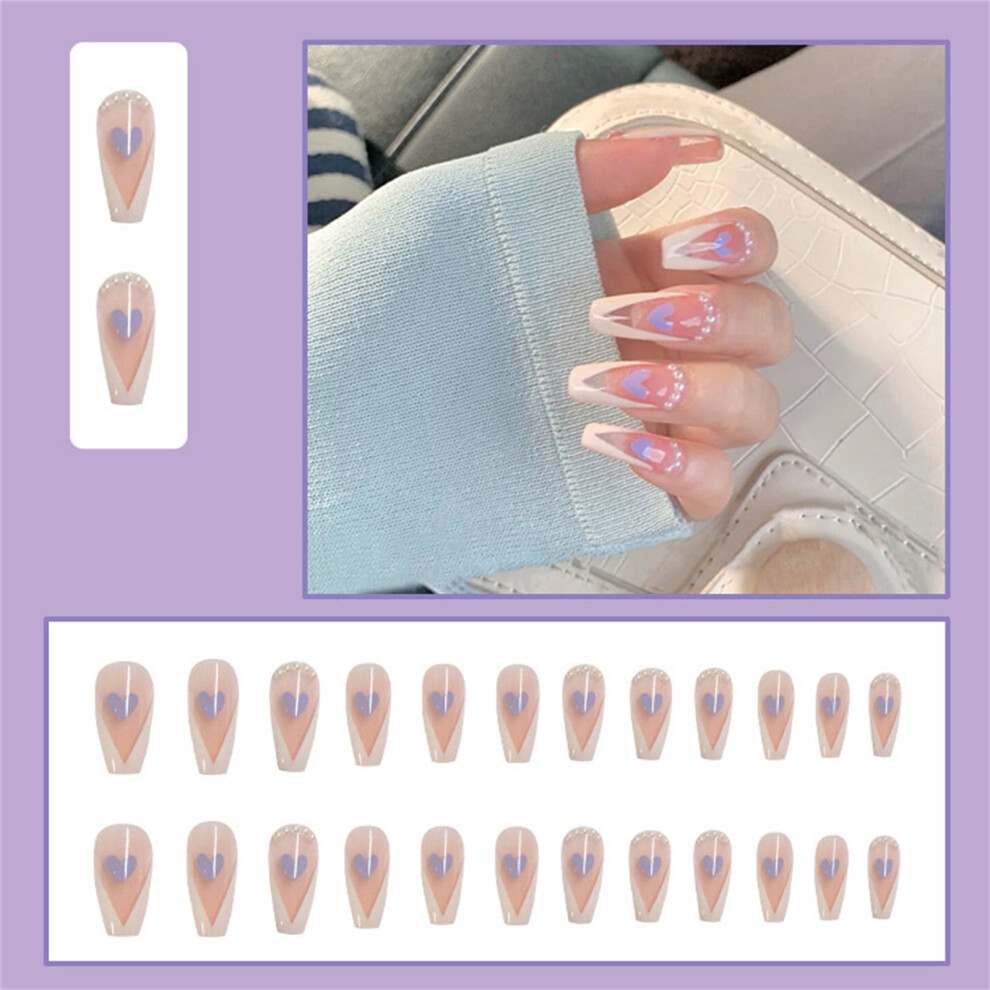 24Pcs Press On Nails French Heart And Bowknot Pattern 3D Fake Nails Pieces With Glue 1ml