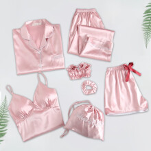 Dames 7-delige satijnen nachtkleding set met flanellen voering – comfortabele pyjama-outfit
