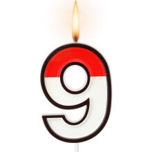 Bougie d'anniversaire rouge et blanche en forme de chiffre 9, idéale pour une décoration de gâteau animée sur le thème des dessins animés